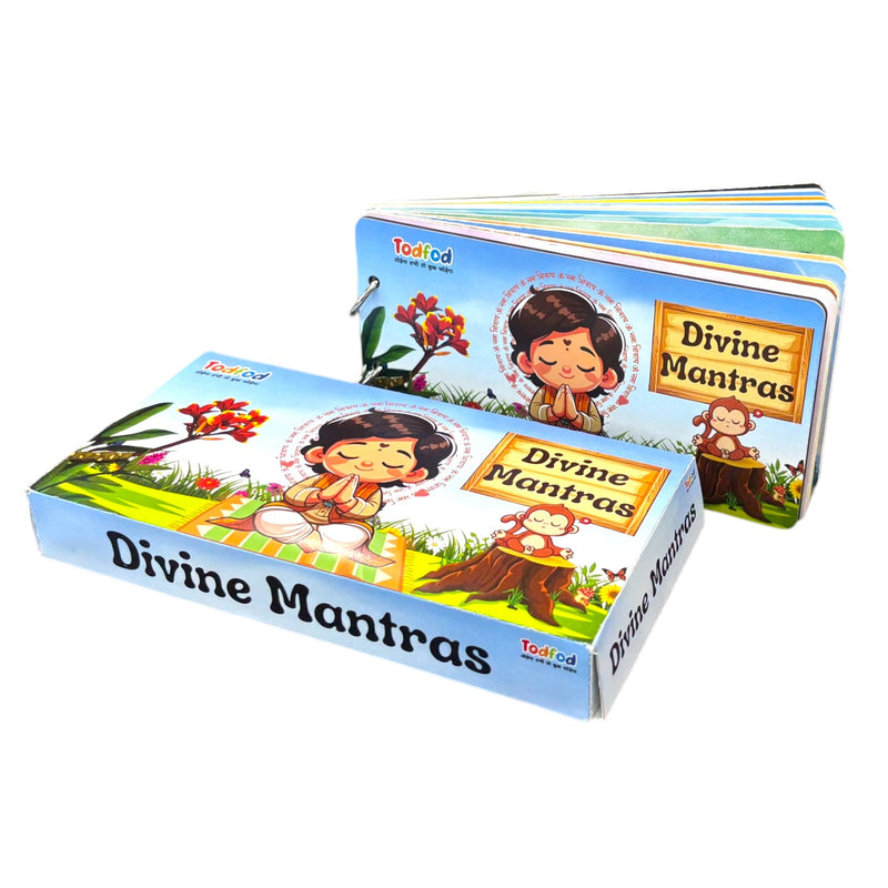 Colorful children's book titled 'Divine Mantras' with cartoon illustrations on a white background.