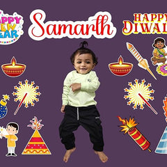 Child in a white sweater and black pants surrounded by Diwali-themed illustrations on a purple background.