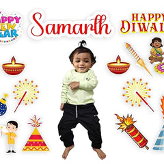 Child standing among Diwali-themed decorations with 'Happy New Year' and 'Happy Diwali' text.