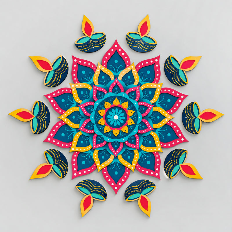 Todfod Diya Mandala Wooden MDF Rangoli 14 Inch | Decorative Floor Rangoli for Home Entrance, Pooja Room and Diwali Decoration
