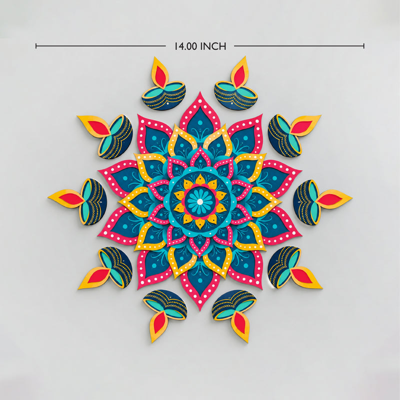 Todfod Diya Mandala Wooden MDF Rangoli 14 Inch | Decorative Floor Rangoli for Home Entrance, Pooja Room and Diwali Decoration