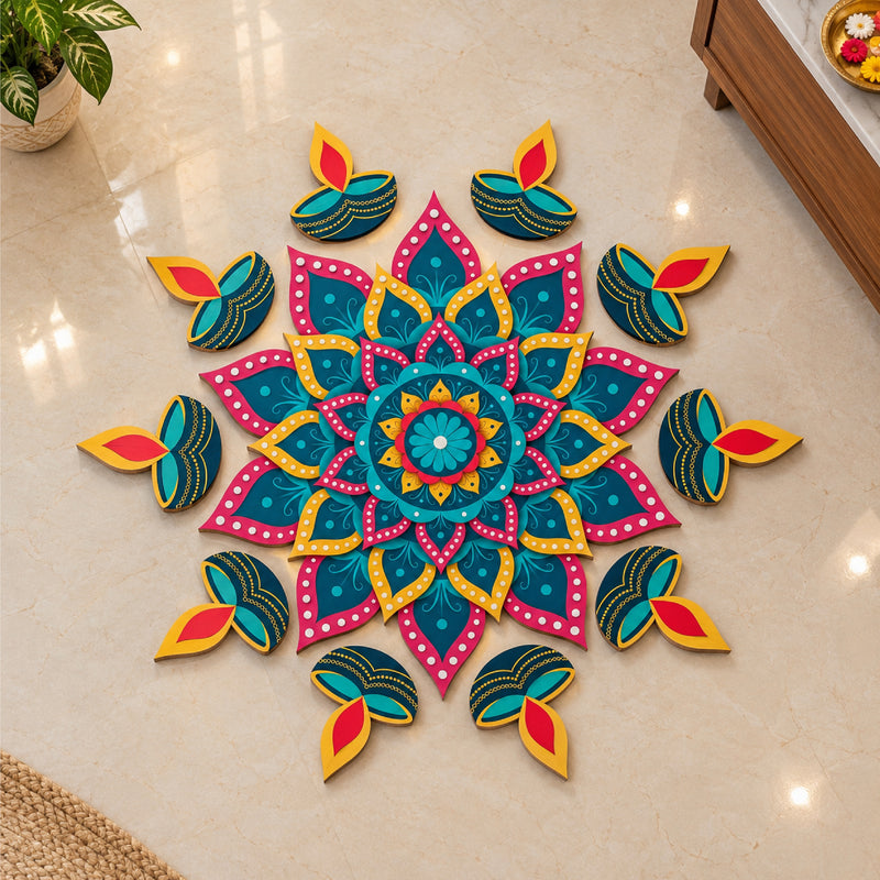 Todfod Diya Mandala Wooden MDF Rangoli 14 Inch | Decorative Floor Rangoli for Home Entrance, Pooja Room and Diwali Decoration