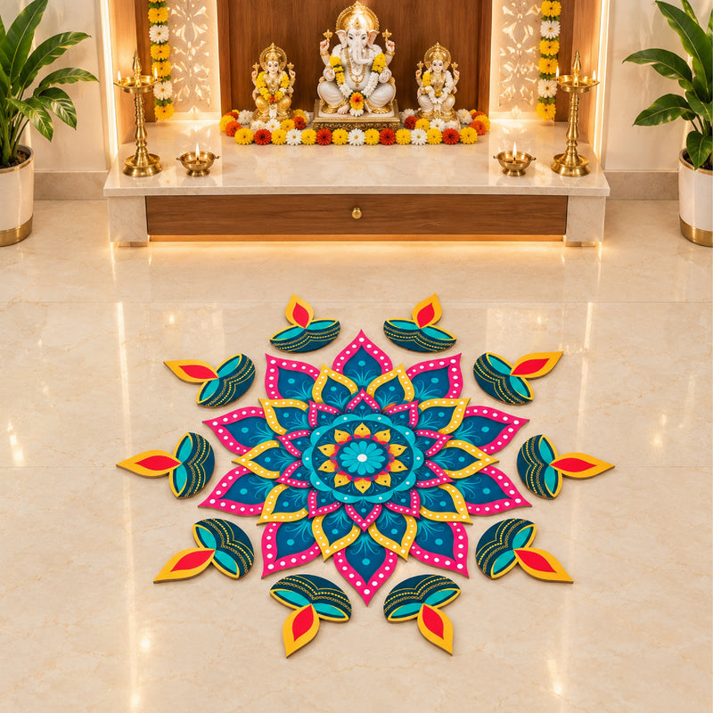 Todfod Diya Mandala Wooden MDF Rangoli 14 Inch | Decorative Floor Rangoli for Home Entrance, Pooja Room and Diwali Decoration