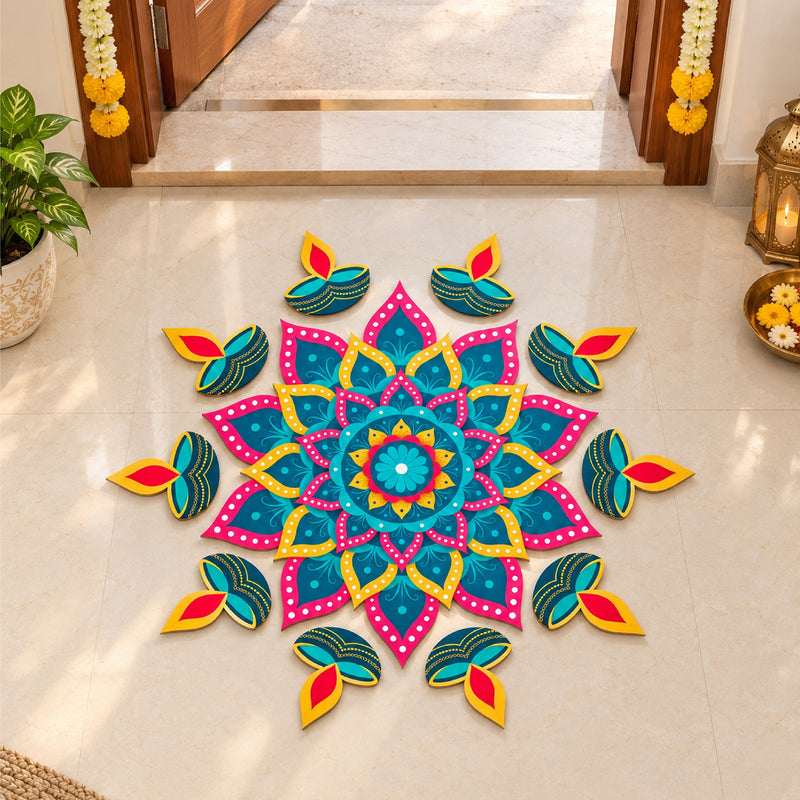 Todfod Diya Mandala Wooden MDF Rangoli 14 Inch | Decorative Floor Rangoli for Home Entrance, Pooja Room and Diwali Decoration
