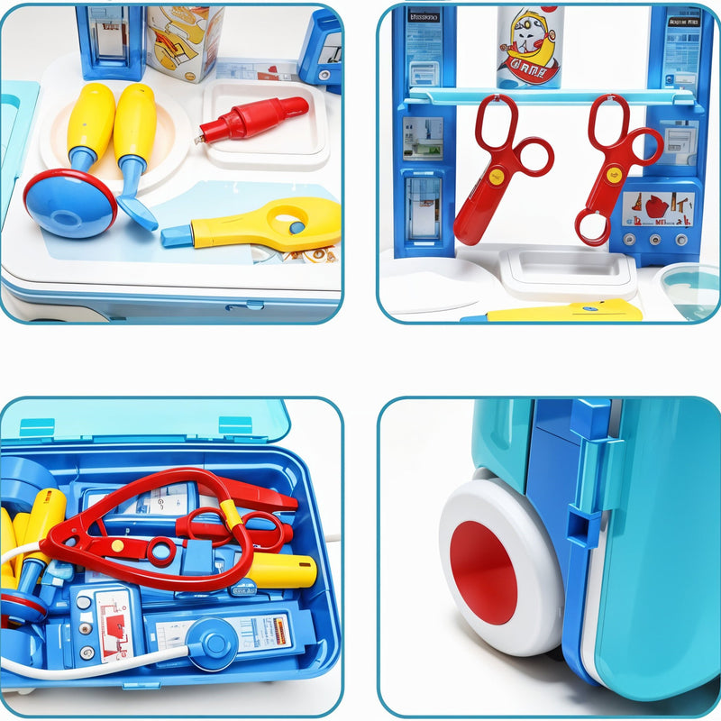 Children's toy medical kit with various tools in a blue case.