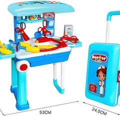 Toy doctor's desk with tools and a suitcase, including dimensions.