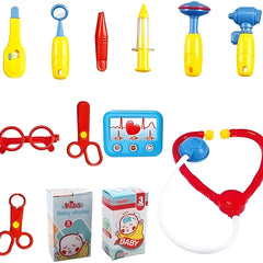 Set of colorful toy medical tools and equipment on a white background