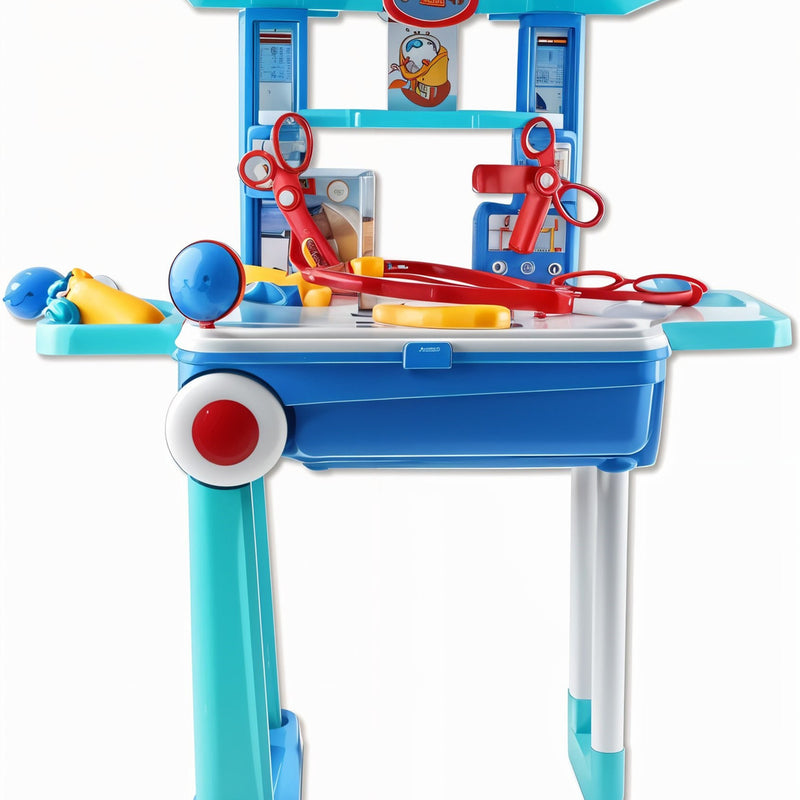 Toy doctor's office set with medical tools on a white background