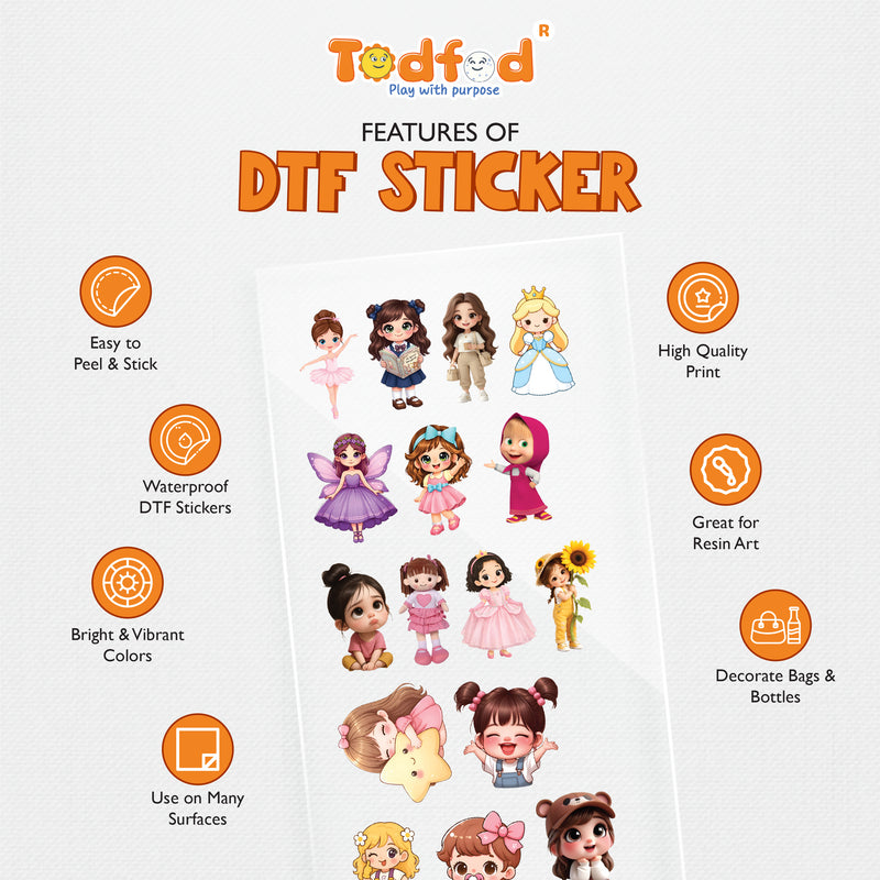Todfod Cute Girls DTF Transfer Sticker Sheet | 4x11 Inch Premium Heat Transfer Film for T-Shirts, Hoodies, Bags & DIY Fabric Printing