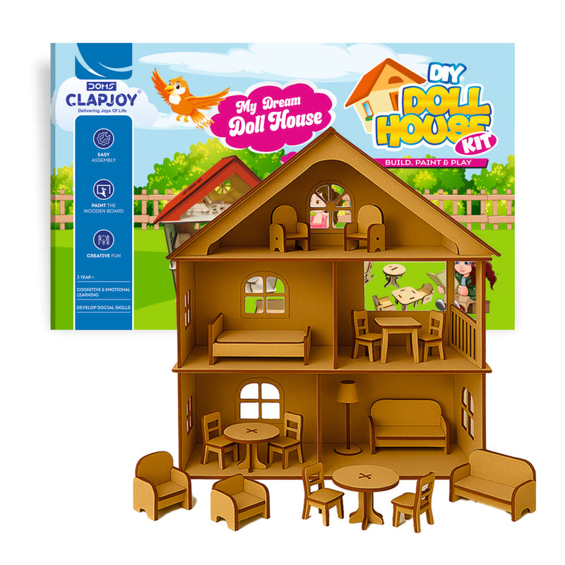 DIY Doll House Kit for Kids | Wooden Dollhouse Building & Painting Set | 3-Storey Wooden House with Furniture | Creative Build Paint & Play Toy for Girls & Boys