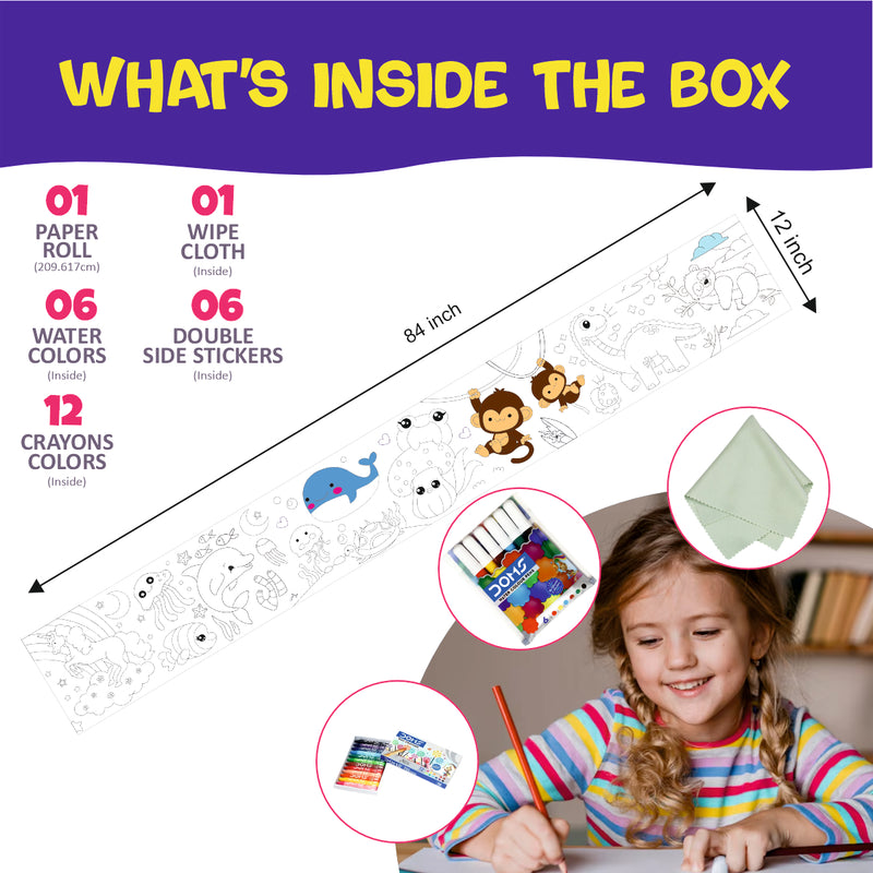Doodle Art Roll for Kids | Reusable Colouring Wall Poster | 84 Inch Long Drawing & Painting Activity Roll with Colours, Crayons & Wipe Cloth