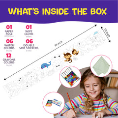 Doodle Art Roll for Kids 84 Inch Reusable Colouring Paper Roll | Washable Drawing & Painting Activity Mat with 6 Water Colour Pens, 12 Crayons, Wipe Cloth & Stickers