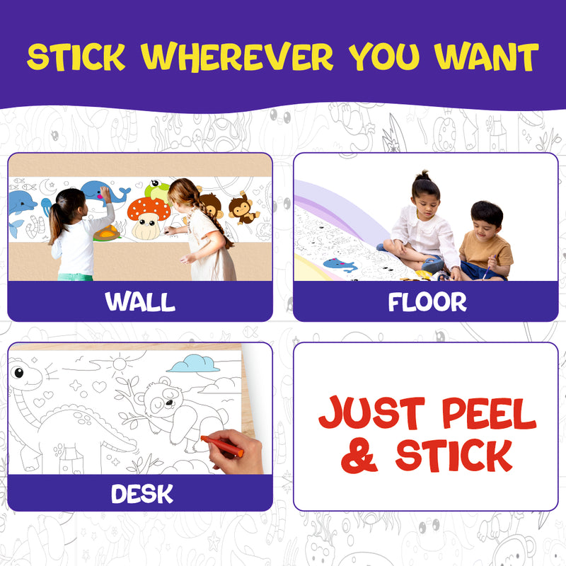 Doodle Art Roll for Kids 84 Inch Reusable Colouring Paper Roll | Washable Drawing & Painting Activity Mat with 6 Water Colour Pens, 12 Crayons, Wipe Cloth & Stickers