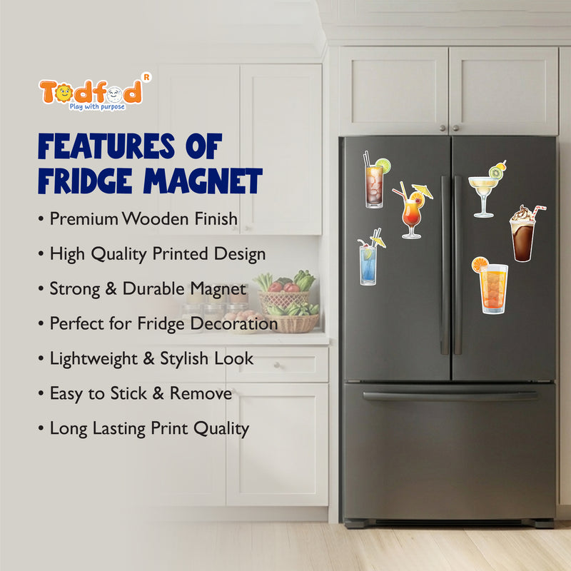 TodFod Drinks Fridge Magnet Set of 6 | 3 Inch Colorful Cartoon Beverage MDF Wood Magnets for Home & Kitchen Decor - Todfod
