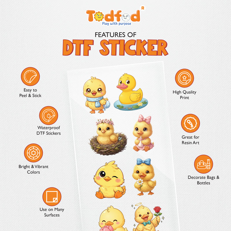 TodFod Cute Duck DTF Heat Transfer Sticker Sheet | Adorable Duck Cartoon Iron-On Transfers for T-Shirts, Clothes, Bags & Fabric DIY Crafts | 11 x 4 Inch