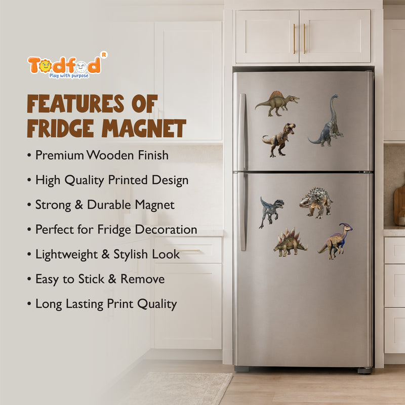 Todfod Dinosaur Fridge Magnet Set of 7 | Realistic Dinosaur Decorative Refrigerator Magnets for Kids | Strong Wooden Magnets for Kitchen, Home, Office & School