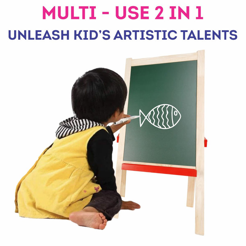 Wooden Easel Board for Kids | 2-in-1 Double-Sided Blackboard & Whiteboard | Drawing, Writing & Learning Board with Chalk, Marker & Duster | Portable Kids Study Board