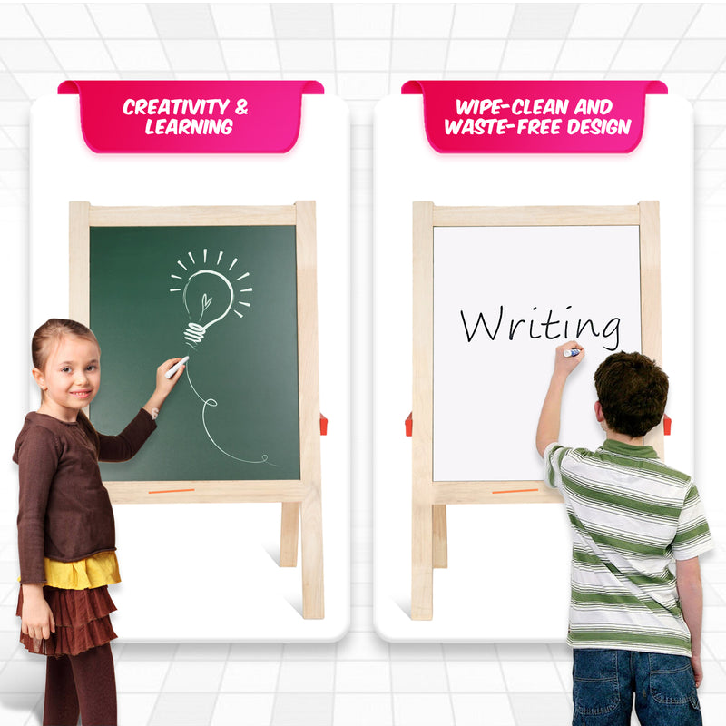 Wooden Easel Board for Kids | 2-in-1 Double-Sided Blackboard & Whiteboard | Drawing, Writing & Learning Board with Chalk, Marker & Duster | Portable Kids Study Board
