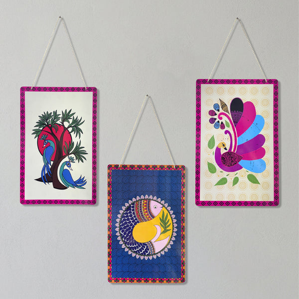 Smaran Ethnic Art Wooden Wall Hanging Decor Set of 3 | Colorful Bird & Peacock Motif Plaque | 11.5x26 Inch Boho Traditional Sign for Living Room Bedroom & Gift