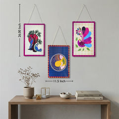 Smaran Ethnic Art Wooden Wall Hanging Set of 3 – Colorful Bird & Peacock Boho Plaques for Living Room & Gifting