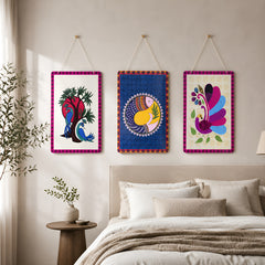 Smaran Ethnic Art Wooden Wall Hanging Set of 3 – Colorful Bird & Peacock Boho Plaques for Living Room & Gifting