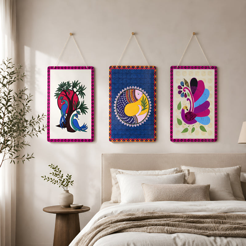 Smaran Ethnic Art Wooden Wall Hanging Set of 3 – Colorful Bird & Peacock Boho Plaques for Living Room & Gifting