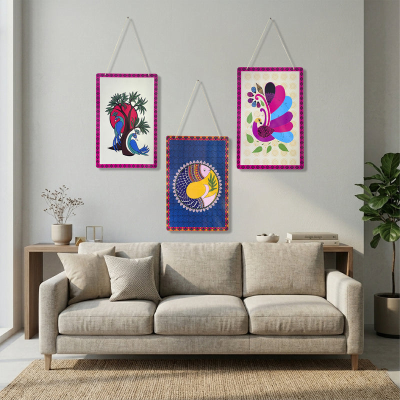 Smaran Ethnic Art Wooden Wall Hanging Set of 3 – Colorful Bird & Peacock Boho Plaques for Living Room & Gifting