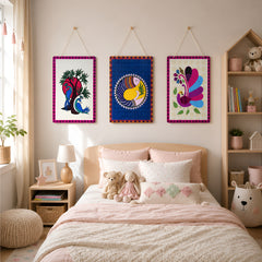 Smaran Ethnic Art Wooden Wall Hanging Set of 3 – Colorful Bird & Peacock Boho Plaques for Living Room & Gifting