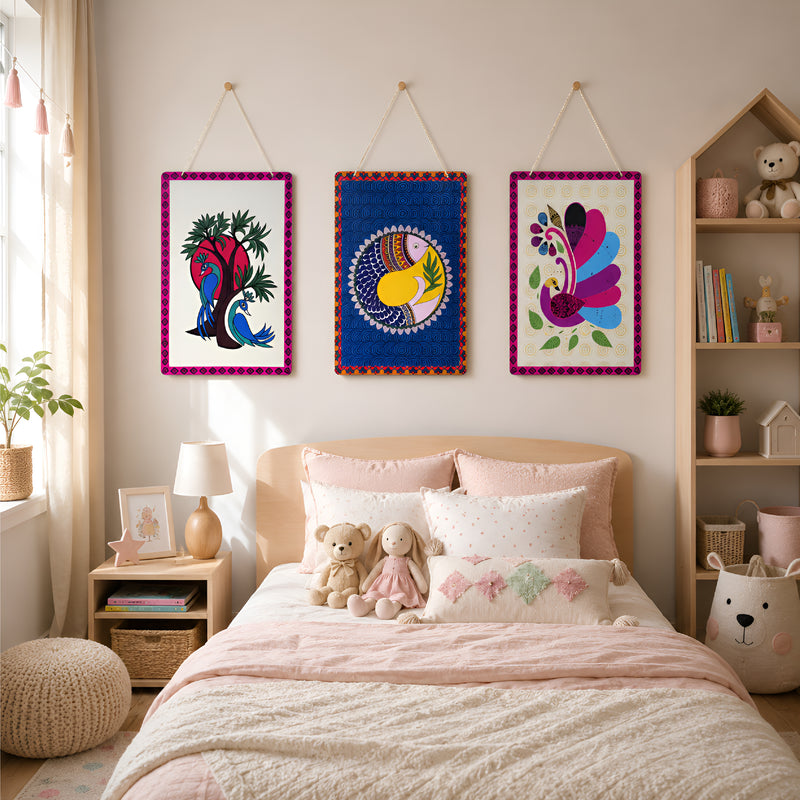 Smaran Ethnic Art Wooden Wall Hanging Set of 3 – Colorful Bird & Peacock Boho Plaques for Living Room & Gifting