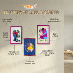 Smaran Ethnic Art Wooden Wall Hanging Set of 3 – Colorful Bird & Peacock Boho Plaques for Living Room & Gifting