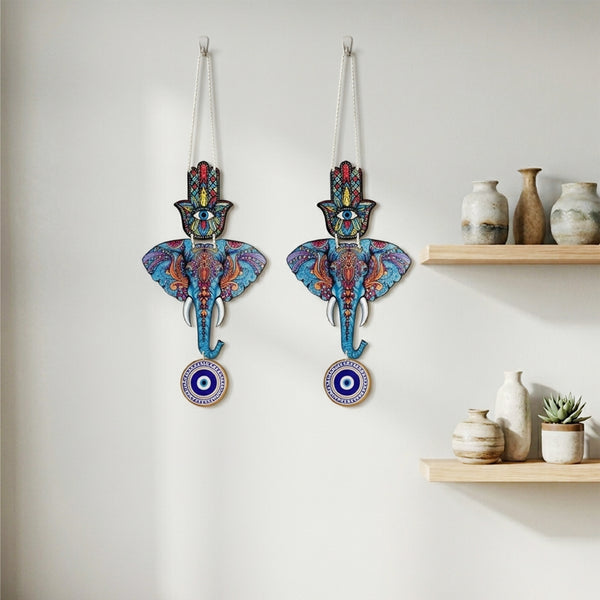TodFod Evil Eye Wall Hanging Decor | 22x8.5 Inch Blue Elephant & Colorful Hamsa Hand Boho Hanging for Home