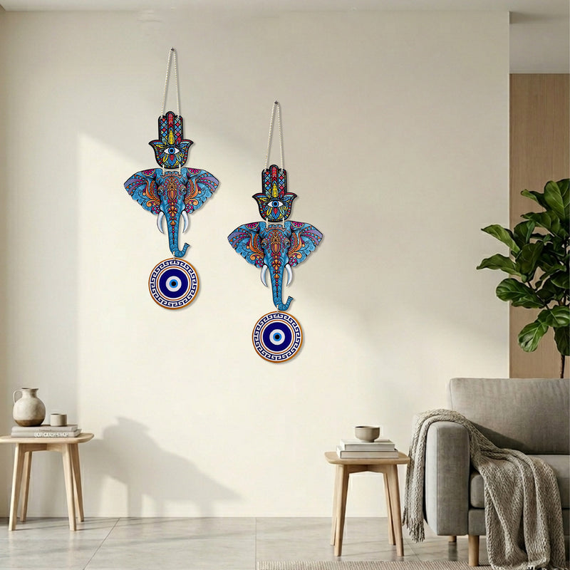 Todfod Evil Eye Wall Hanging – Blue Elephant & Hamsa Hand Boho Decor for Home