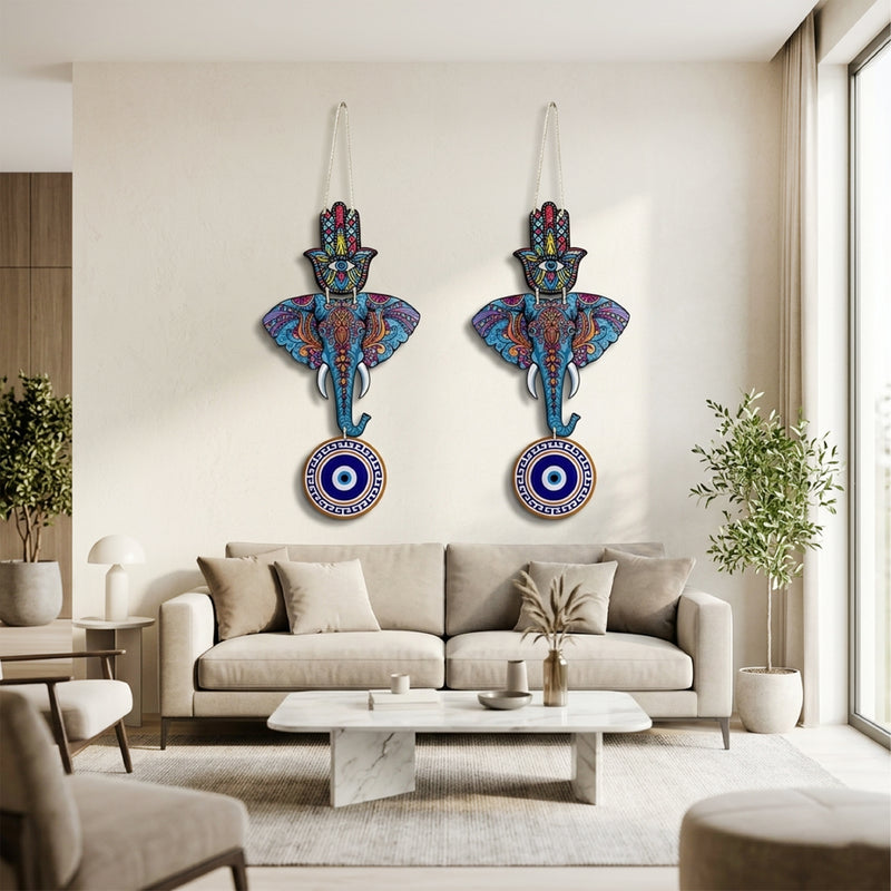 Todfod Evil Eye Wall Hanging – Blue Elephant & Hamsa Hand Boho Decor for Home