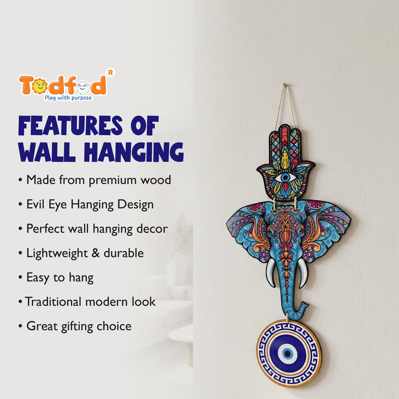Todfod Evil Eye Wall Hanging – Blue Elephant & Hamsa Hand Boho Decor for Home