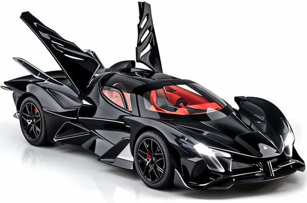 Black futuristic sports car with red interior on a white background