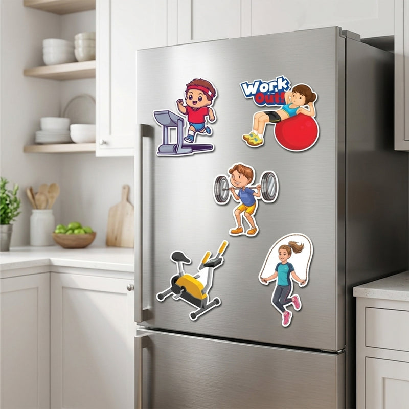 TodFod Exercise Fridge Magnet Set of 6 | 3 Inch Cartoon Fitness & Gym Workout MDF Wood Magnets for Home & Office Decor