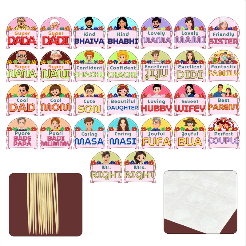 Set of decorative name tags with various family roles and colors on a white background.