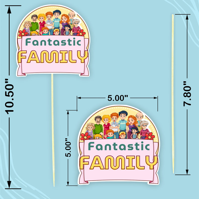 Decorative sign with 'Fantastic Family' text and dimensions on a blue background