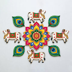Todfod Divine Cow and Peacock Feather Wooden MDF Rangoli 14 Inch | Traditional Multicolour Floral Floor Decor for Diwali Home Entrance and Pooja