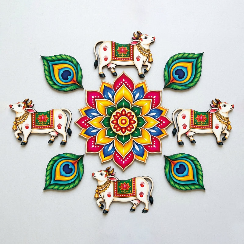 Todfod Divine Cow and Peacock Feather Wooden MDF Rangoli 14 Inch | Traditional Multicolour Floral Floor Decor for Diwali Home Entrance and Pooja