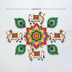 Todfod Divine Cow and Peacock Feather Wooden MDF Rangoli 14 Inch | Traditional Multicolour Floral Floor Decor for Diwali Home Entrance and Pooja