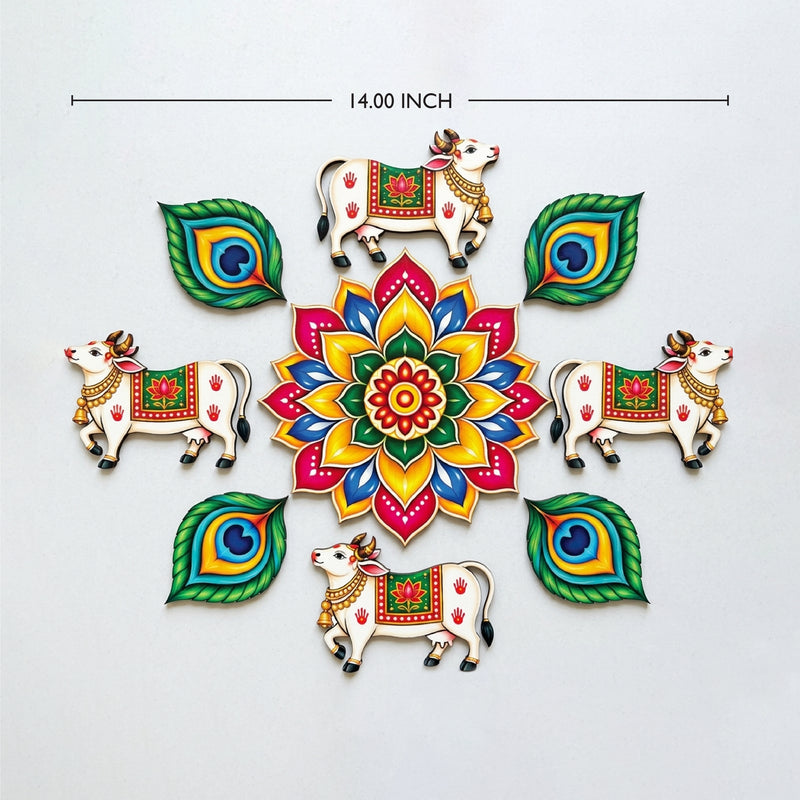 Todfod Divine Cow and Peacock Feather Wooden MDF Rangoli 14 Inch | Traditional Multicolour Floral Floor Decor for Diwali Home Entrance and Pooja