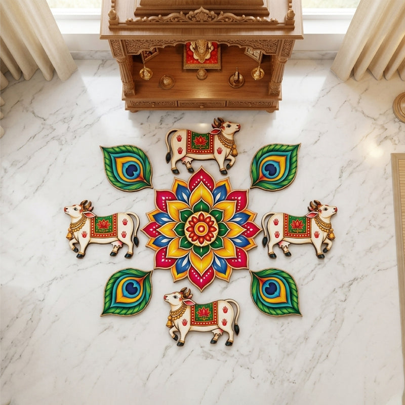 Todfod Divine Cow and Peacock Feather Wooden MDF Rangoli 14 Inch | Traditional Multicolour Floral Floor Decor for Diwali Home Entrance and Pooja