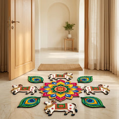 Todfod Divine Cow and Peacock Feather Wooden MDF Rangoli 14 Inch | Traditional Multicolour Floral Floor Decor for Diwali Home Entrance and Pooja
