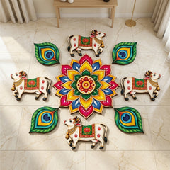 Todfod Divine Cow and Peacock Feather Wooden MDF Rangoli 14 Inch | Traditional Multicolour Floral Floor Decor for Diwali Home Entrance and Pooja