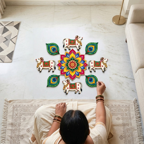 Todfod Divine Cow and Peacock Feather Wooden MDF Rangoli 14 Inch | Traditional Multicolour Floral Floor Decor for Diwali Home Entrance and Pooja