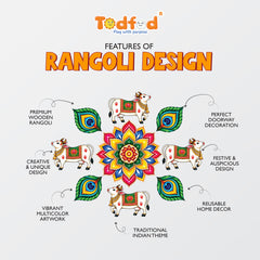 Todfod Divine Cow and Peacock Feather Wooden MDF Rangoli 14 Inch | Traditional Multicolour Floral Floor Decor for Diwali Home Entrance and Pooja