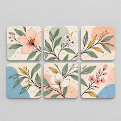 Todfod Floral Breeze Wooden MDF Coasters Set of 6 | 4 x 4 Inch Floral Printed Tea and Coffee Cup Coasters for Home and Office