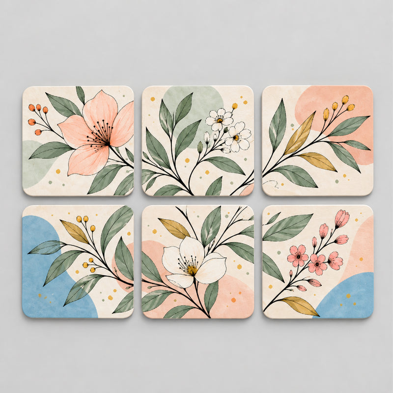Todfod Floral Breeze Wooden MDF Coasters Set of 6 | 4 x 4 Inch Floral Printed Tea and Coffee Cup Coasters for Home and Office