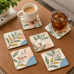 Todfod Floral Breeze Wooden MDF Coasters Set of 6 | 4 x 4 Inch Floral Printed Tea and Coffee Cup Coasters for Home and Office